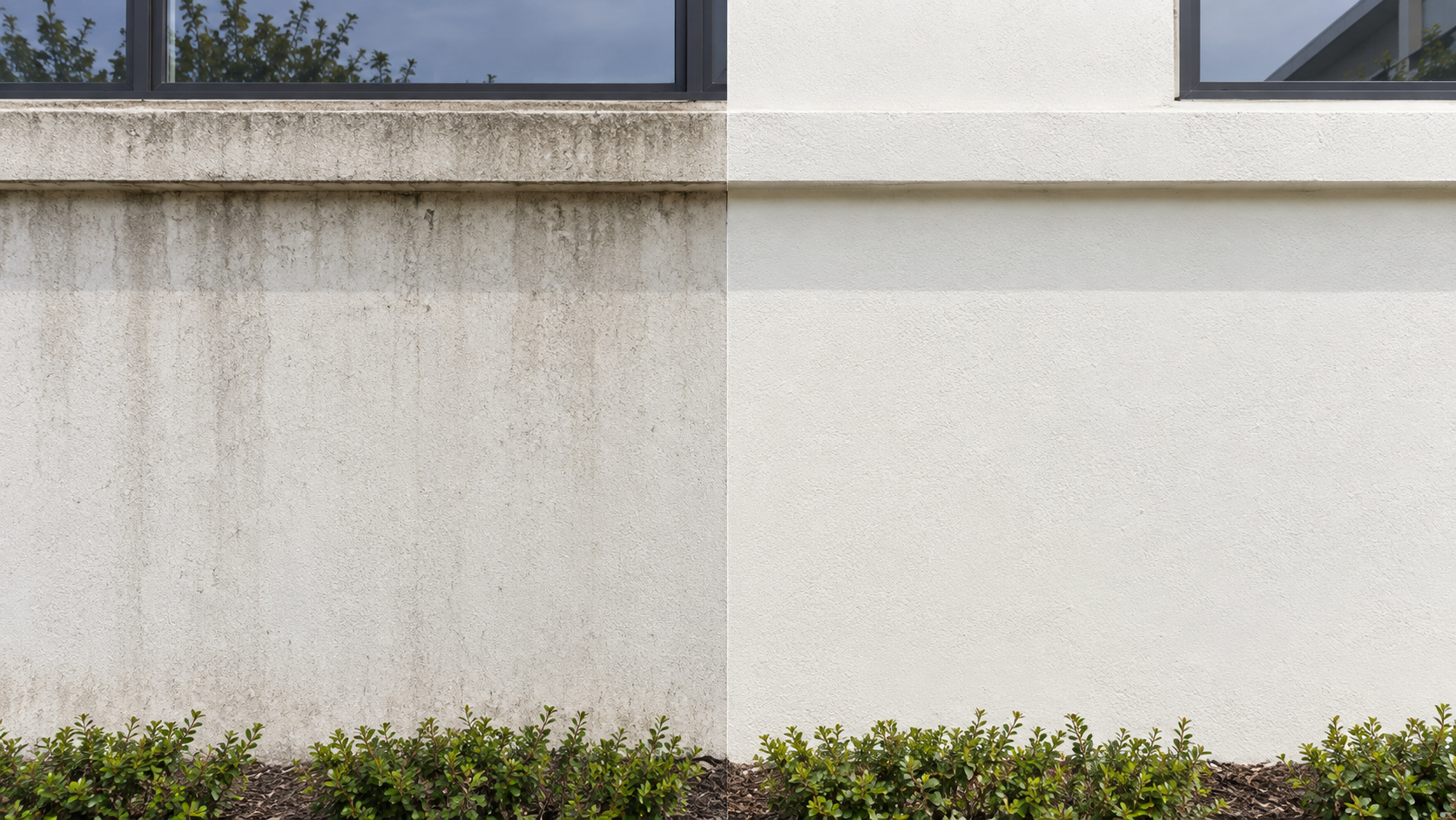 Side-by-side exterior painted wall comparison showing dirt accumulation without FC 1500 and a cleaner treated surface with FC 1500