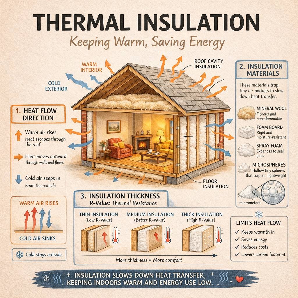 Thermal insulation infographic illustrating heat transfer and microscopic air pockets