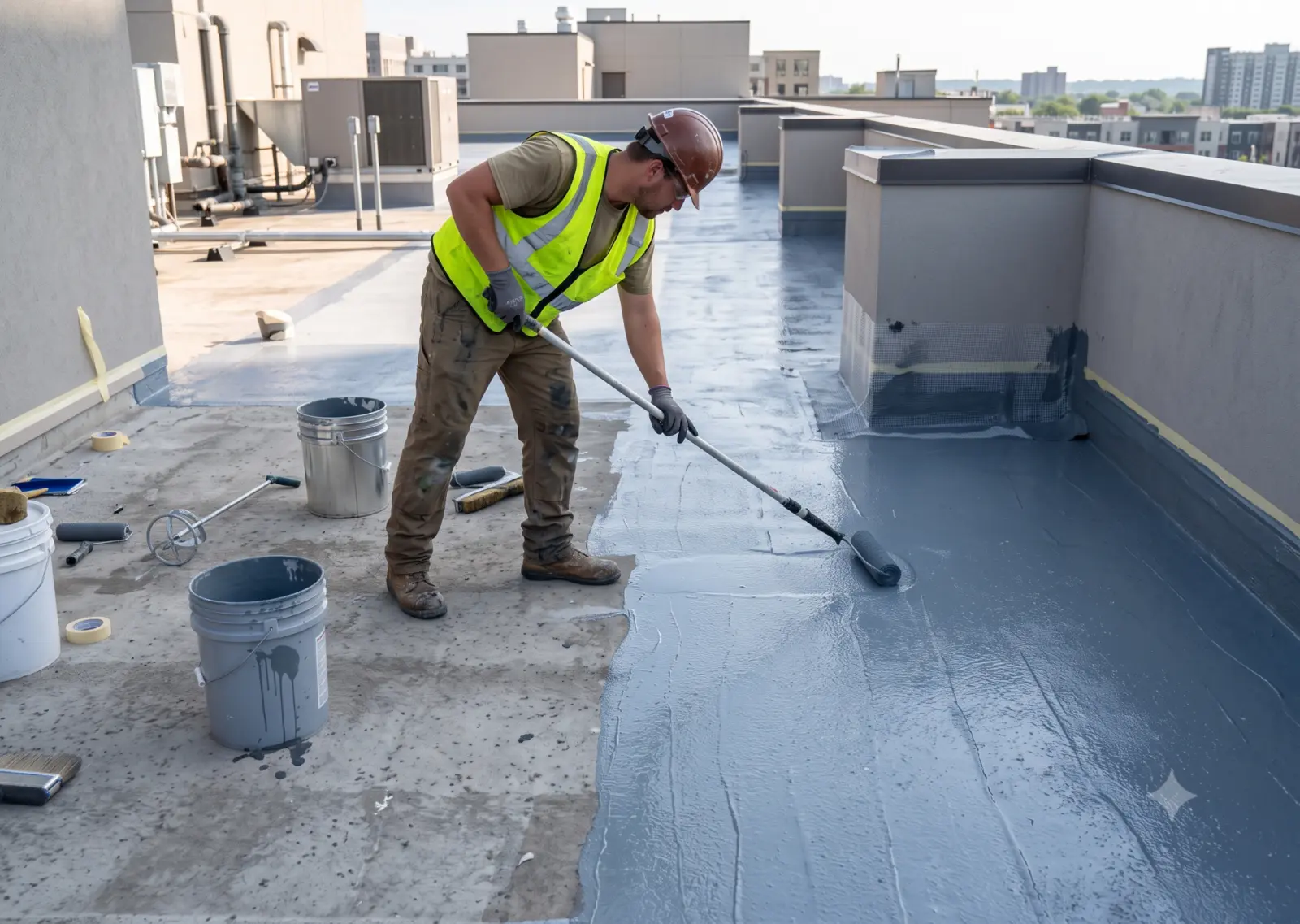Liquid waterproofing membrane applied on roof
