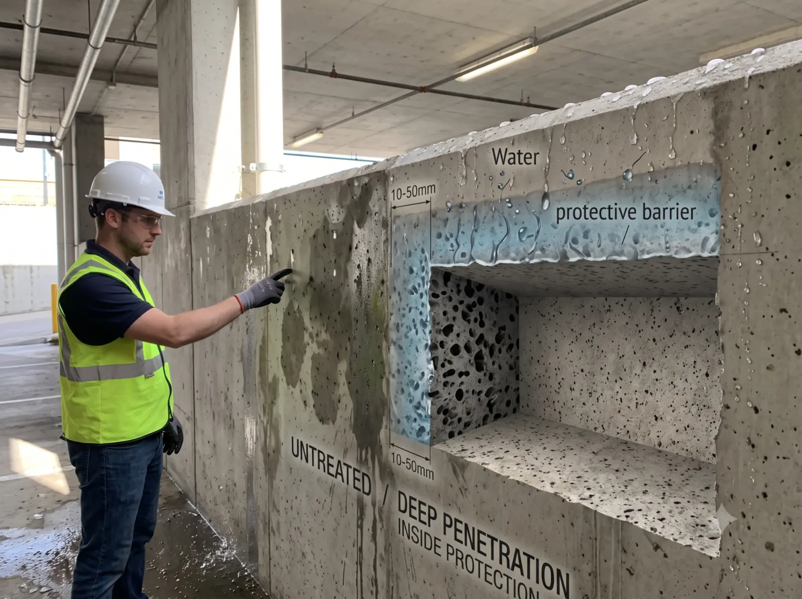 Concrete waterproofing penetration demonstration