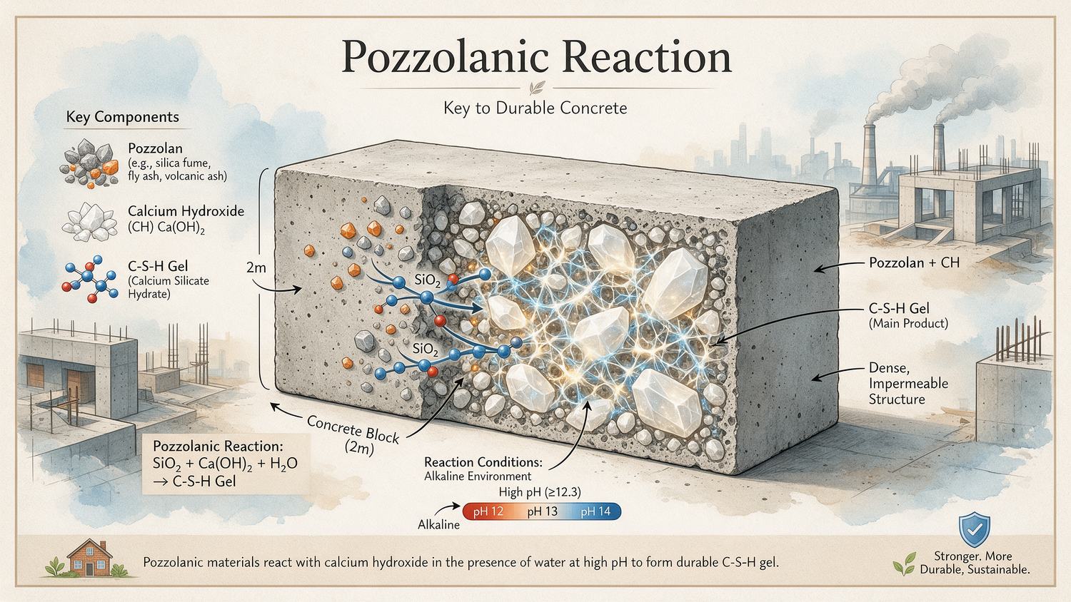 Metakaolin pozzolanic reaction illustrating calcium hydroxide consumption and additional C-S-H formation in concrete