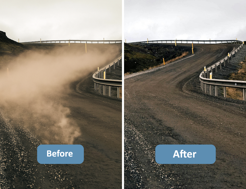 Comparison of dusty and treated unpaved road