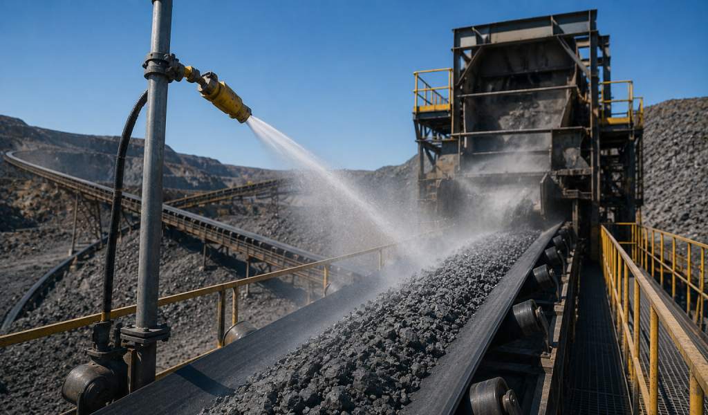 Fine spray suppressing dust above a mineral conveyor