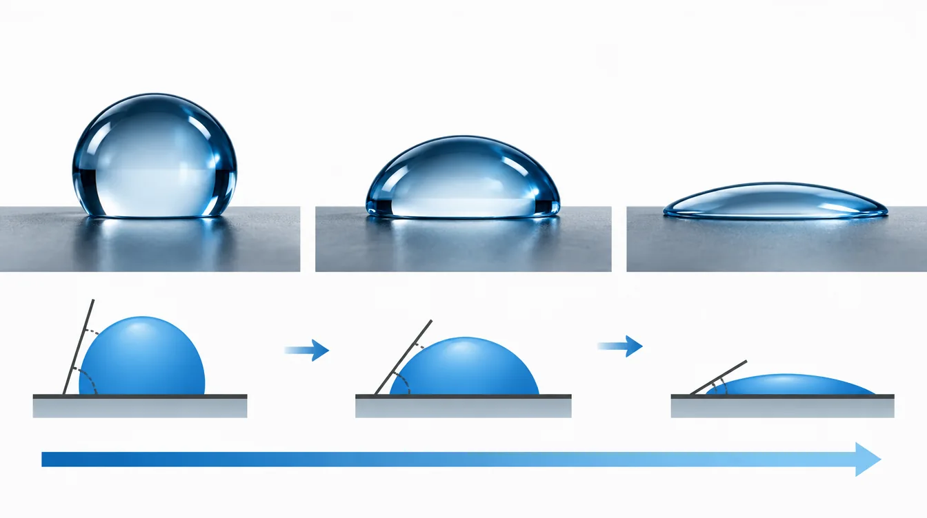 Contact-angle illustration showing droplet spreading and surface coverage