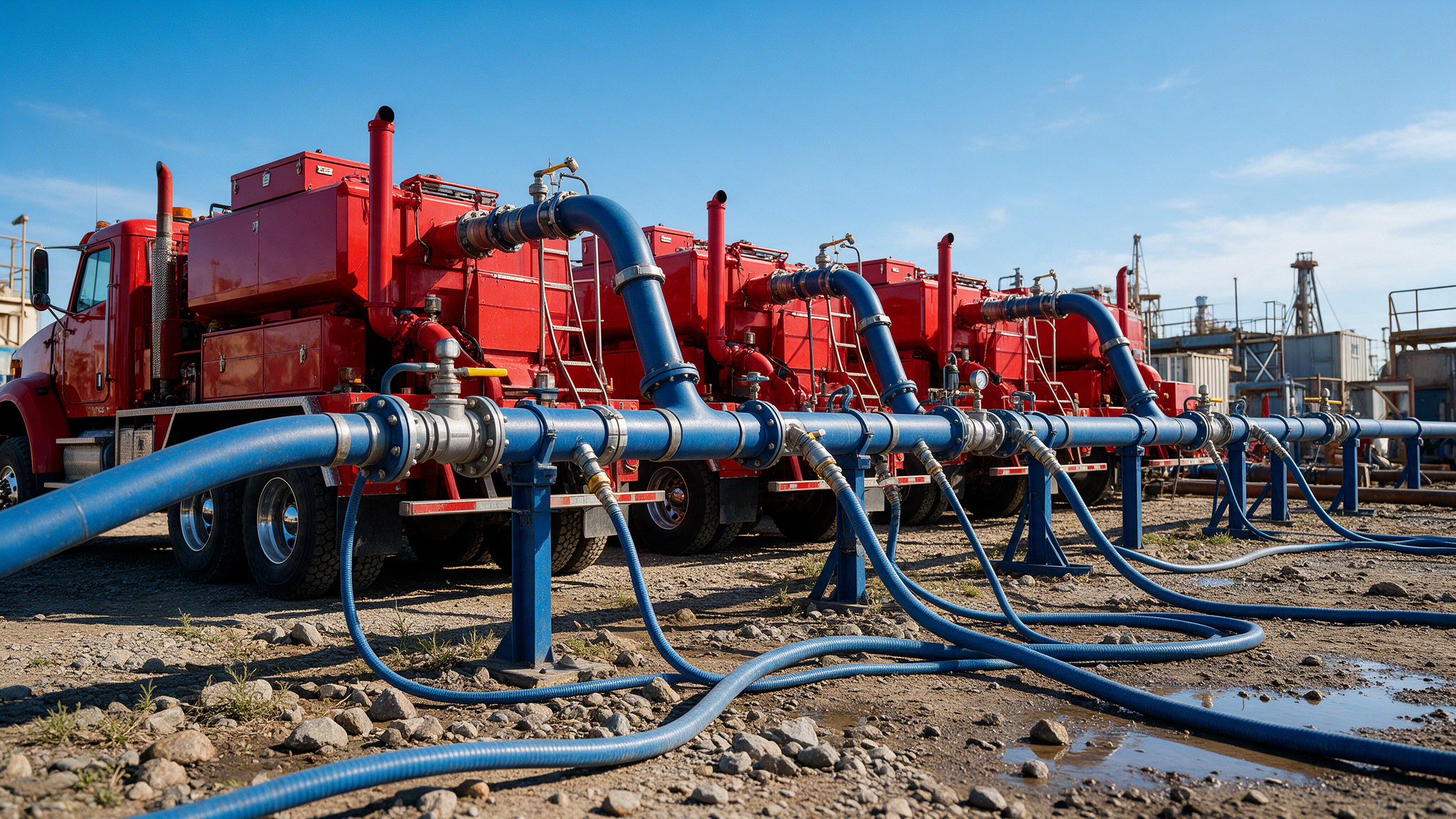 High-pressure stimulation pumping trucks and fluid-transfer lines